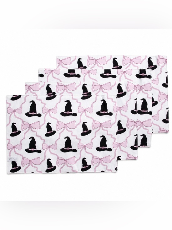 cupcakes & cashmere Other - Cupcakes and Cashmere Set of 4 Black Witch Hat Pink Coquette Bow Print Placemats